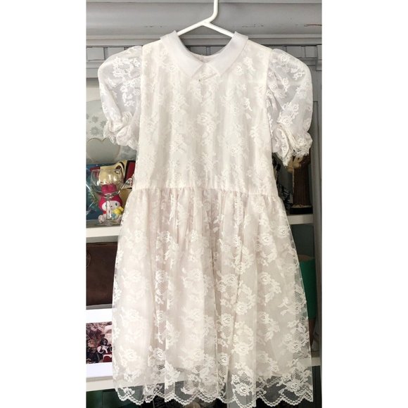 Vintage First Communion Dress Flower Girl White Lace Overlay collar puffy sleeve